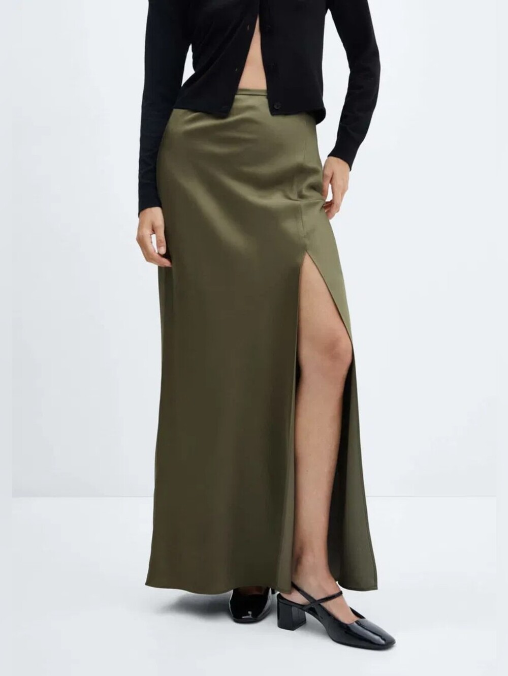 🔮 MANGO Olive Green Side Slit Satin Skirt Size 10 NWT 🔮 Whimsy Minimalist 🔮